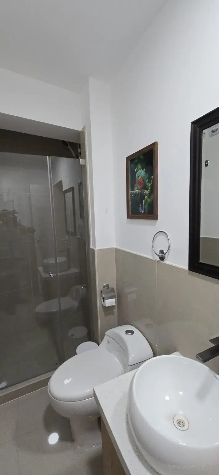 INTI SUITE full bathroom with glass shower, modern vanity and hot water